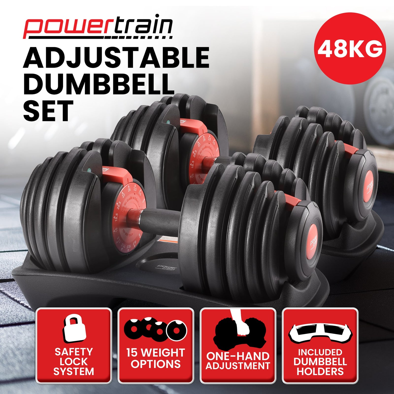 48kg Adjustable Dumbbells 15-in-1 Home Gym Weights – Red