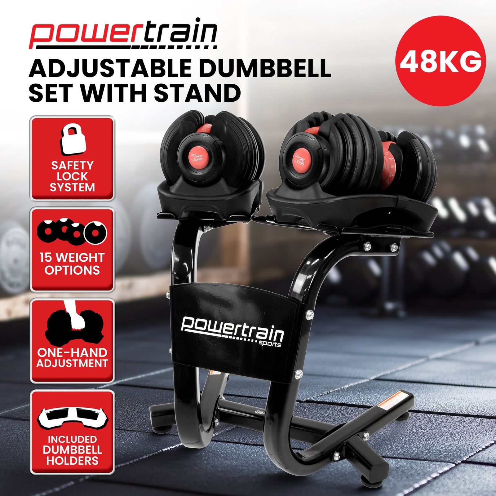 48kg Adjustable Dumbbells with Dumbbell Stand – Red