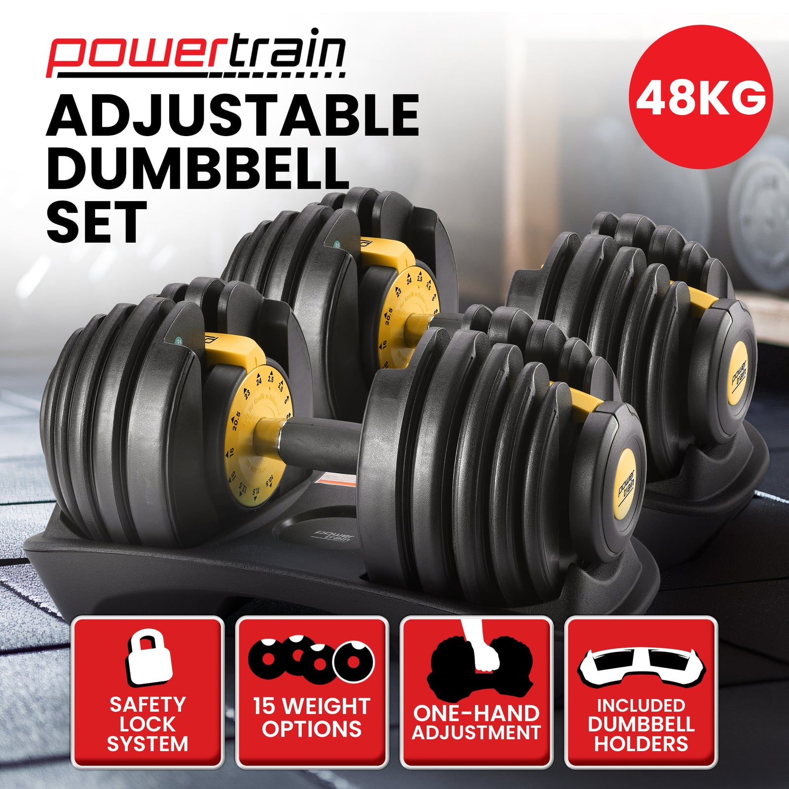Powertrain 48kg  Adjustable Dumbbell Home Gym Set Gold