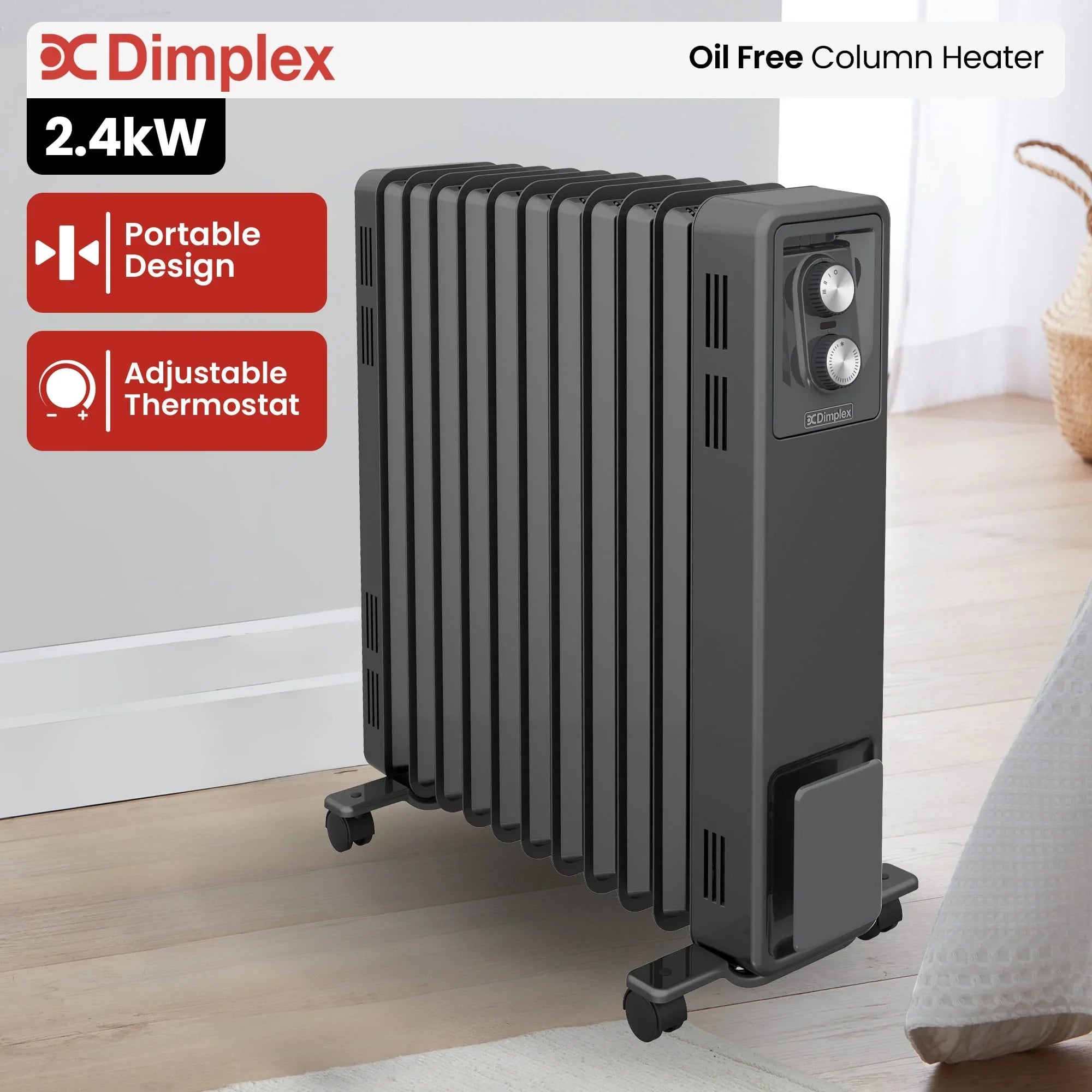 Oil Free 2.4kW Column Heater w/ Thermostat in Black
