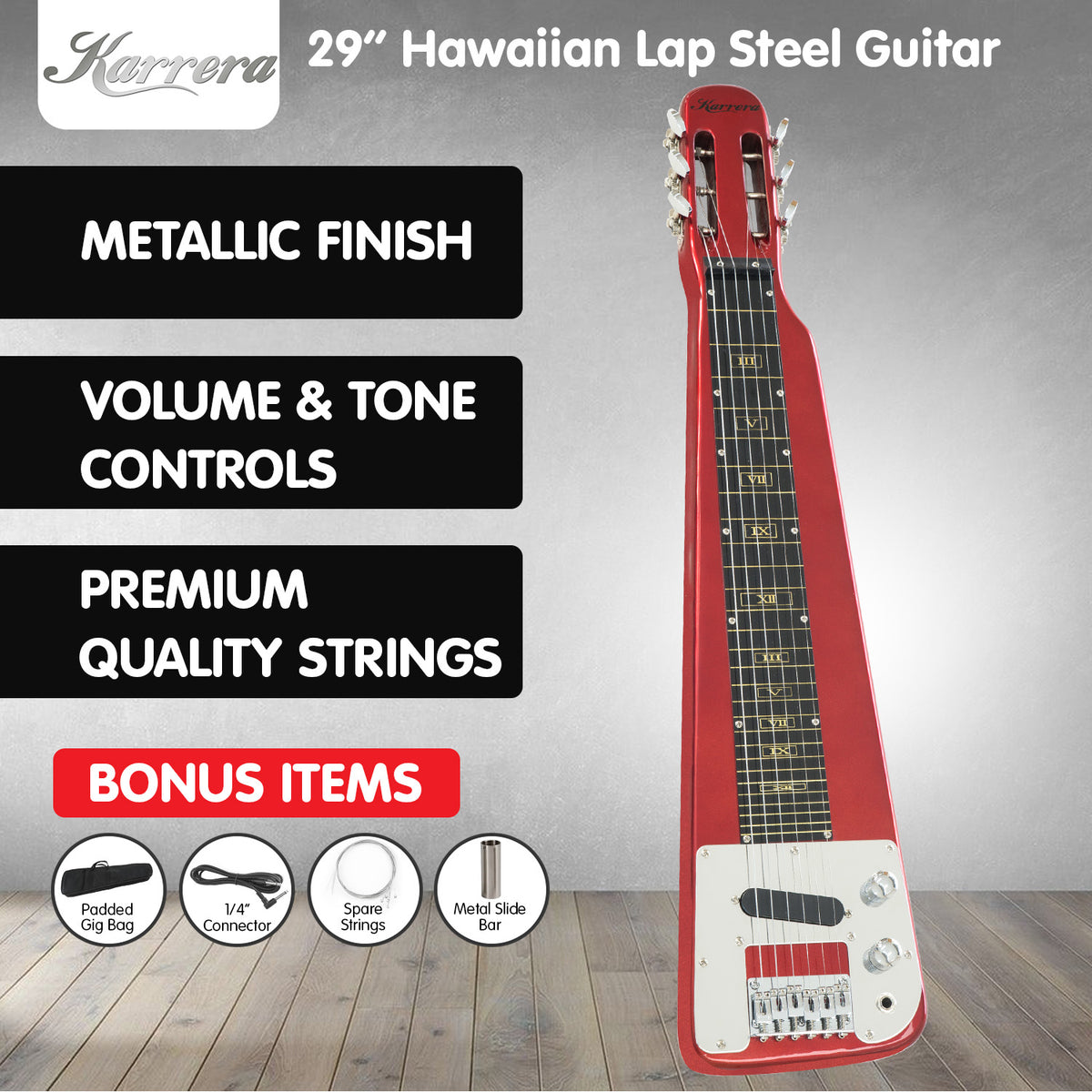 6-String Electric Lap Steel Guitar in Metallic Red, Padded Bag