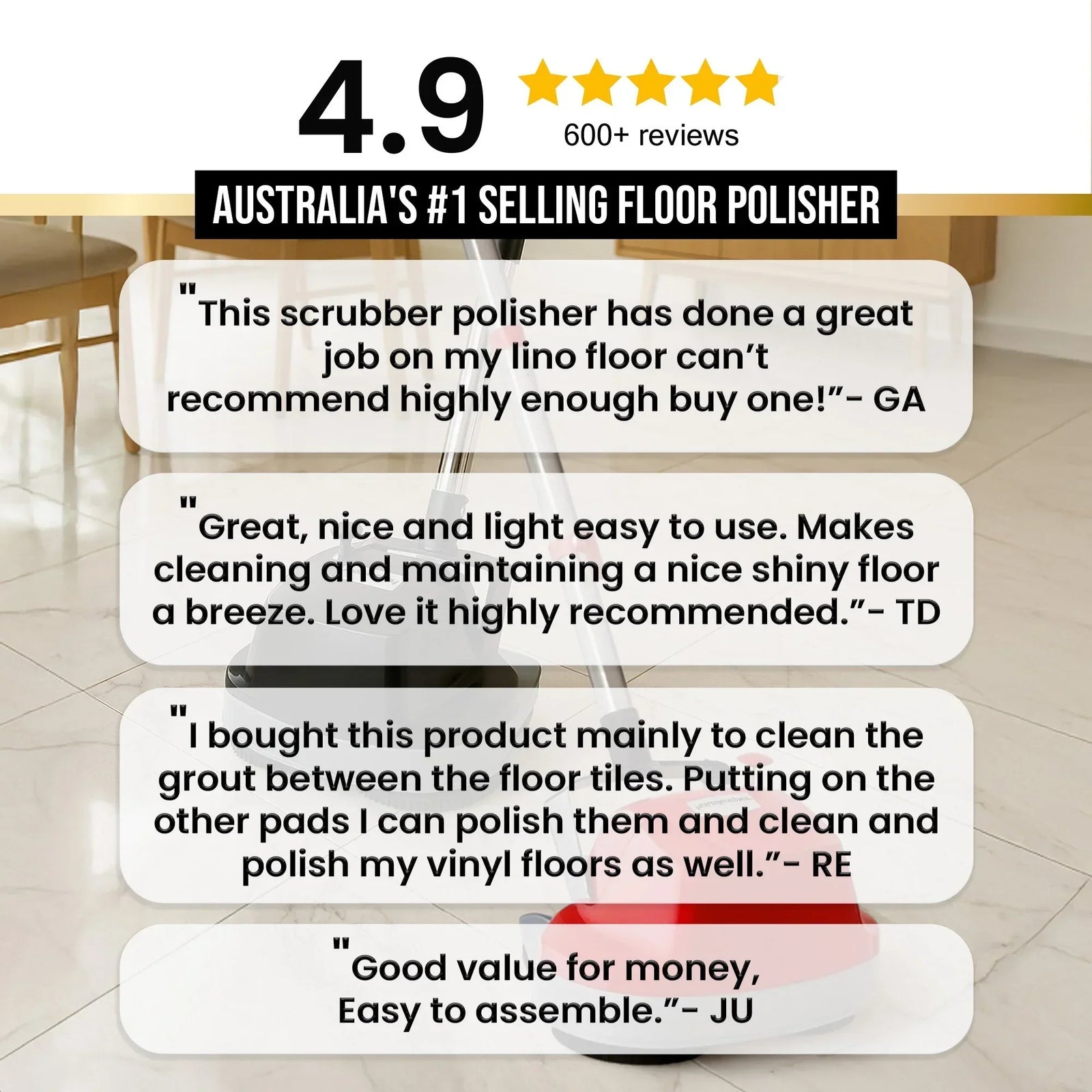 Hauskeeper Gen2 5-in-1 Black Electric Floor Polisher Hard Waxer Buffer Scrubber Cleaner 240v With Twin Rotating Brushes 6m Power Cord