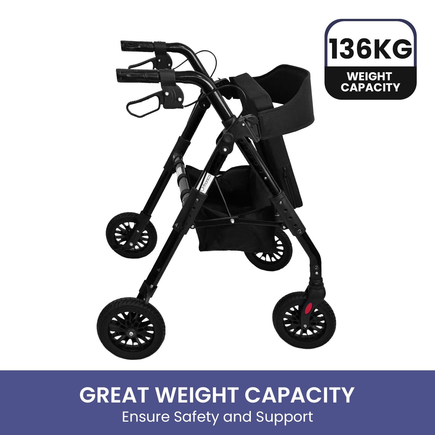 Foldable Mobility Steel Rollator 136kg Max Capacity Black