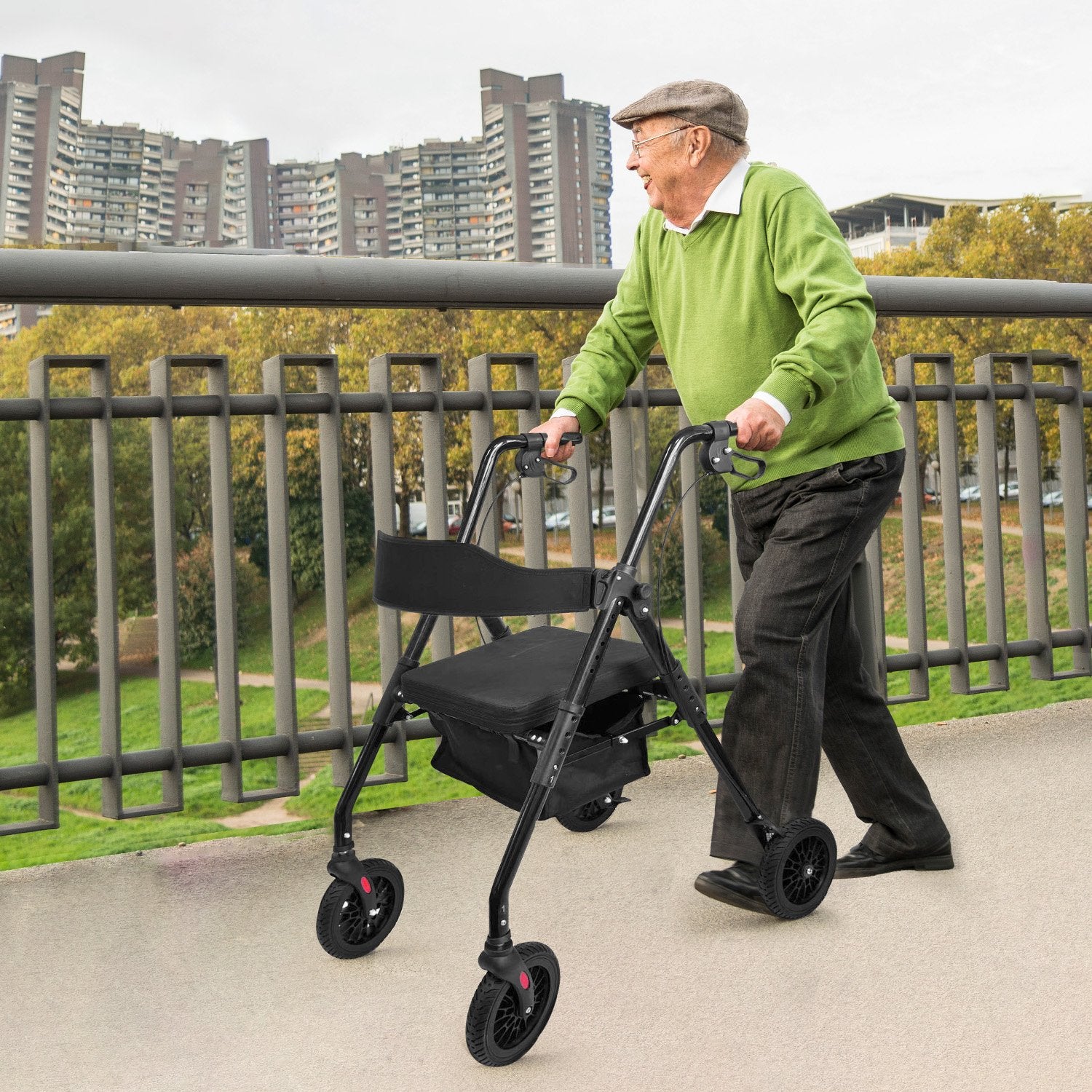 Foldable Mobility Steel Rollator 136kg Max Capacity Black