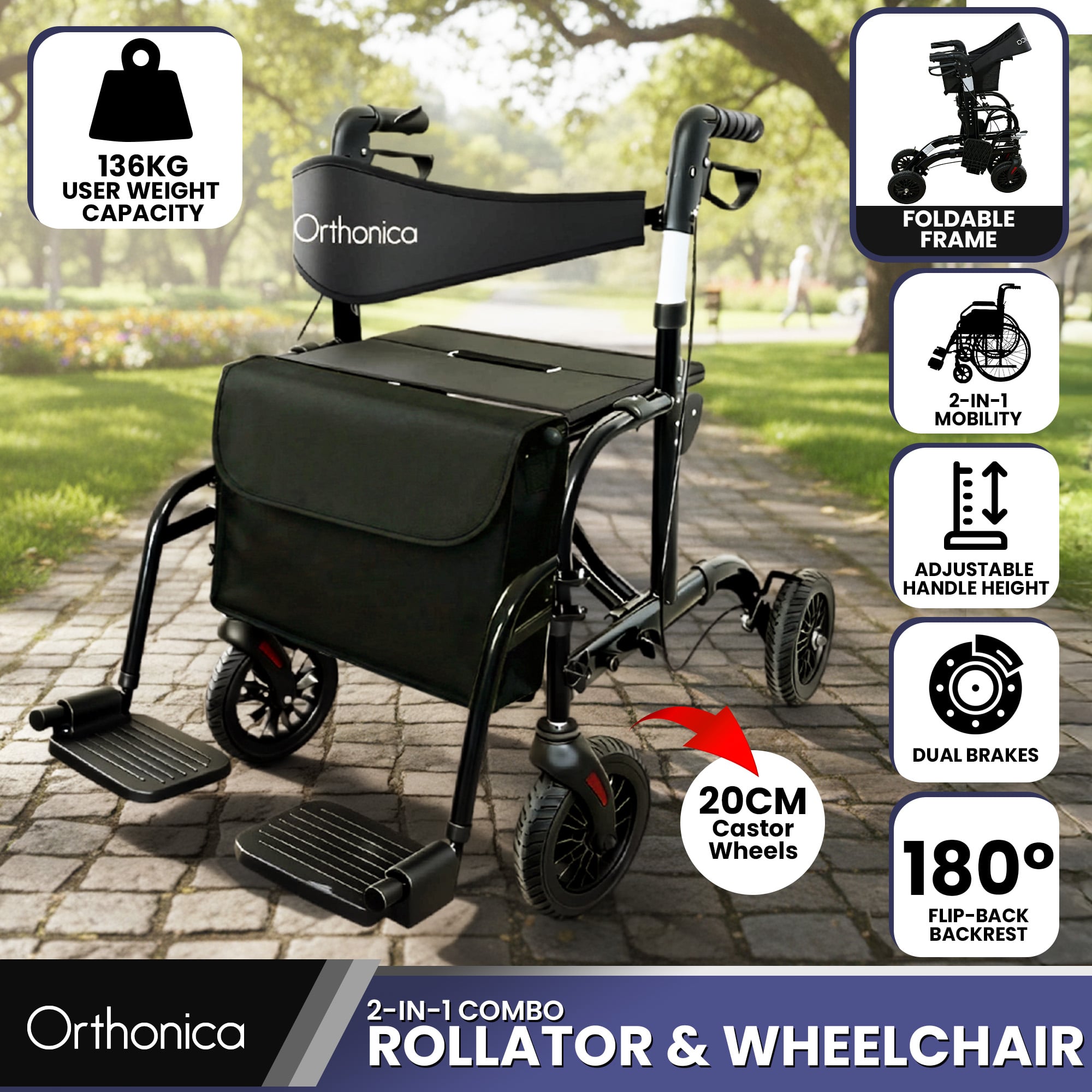 Aluminium 2-in-1 Rollator Wheelchair with Foldable Frame – Black & Silver