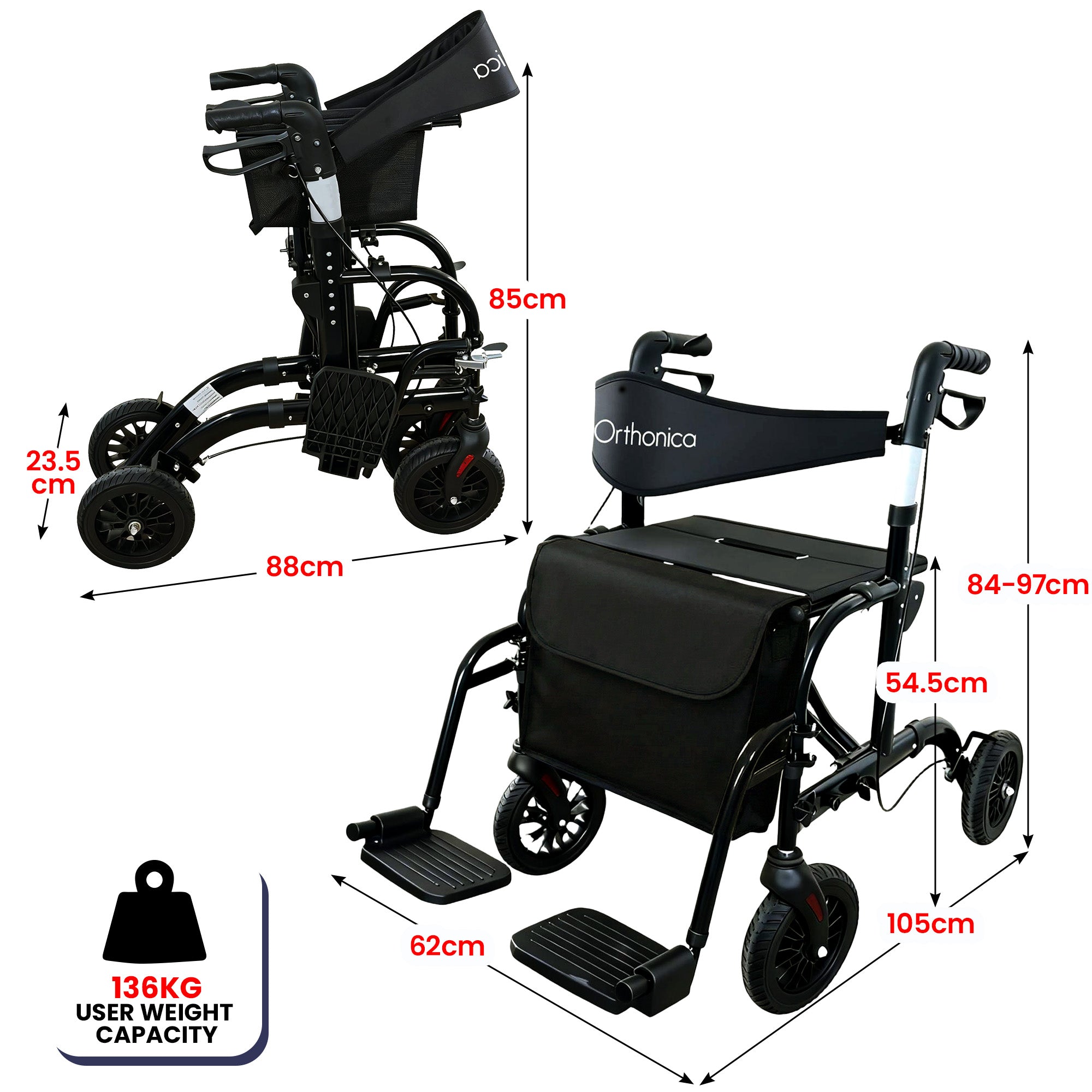Aluminium 2-in-1 Rollator Wheelchair with Foldable Frame – Black & Silver