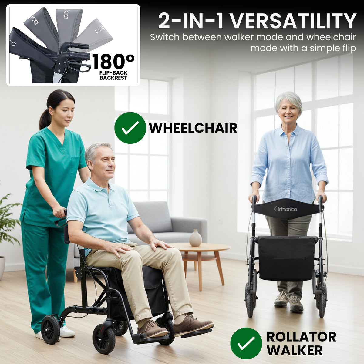 Aluminium 2-in-1 Rollator Wheelchair with Foldable Frame – Black & Silver