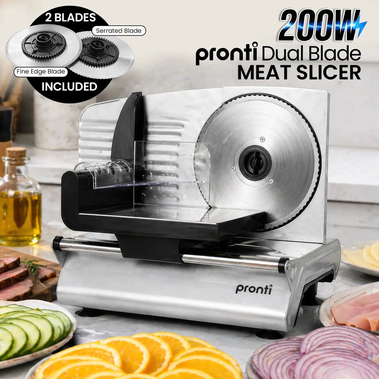 200W Electric Food Slicer Adjustable 1–15mm Stainless Steel Blades White