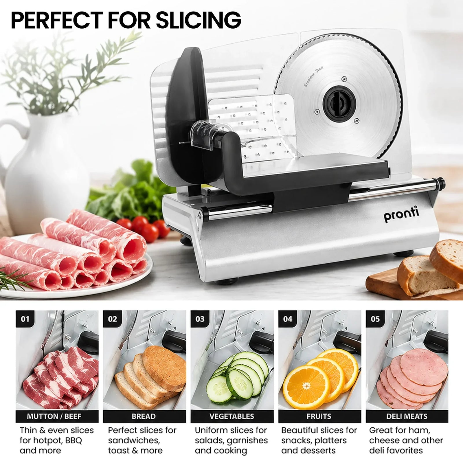 200W Electric Food Slicer Adjustable 1–15mm Stainless Steel Blades White
