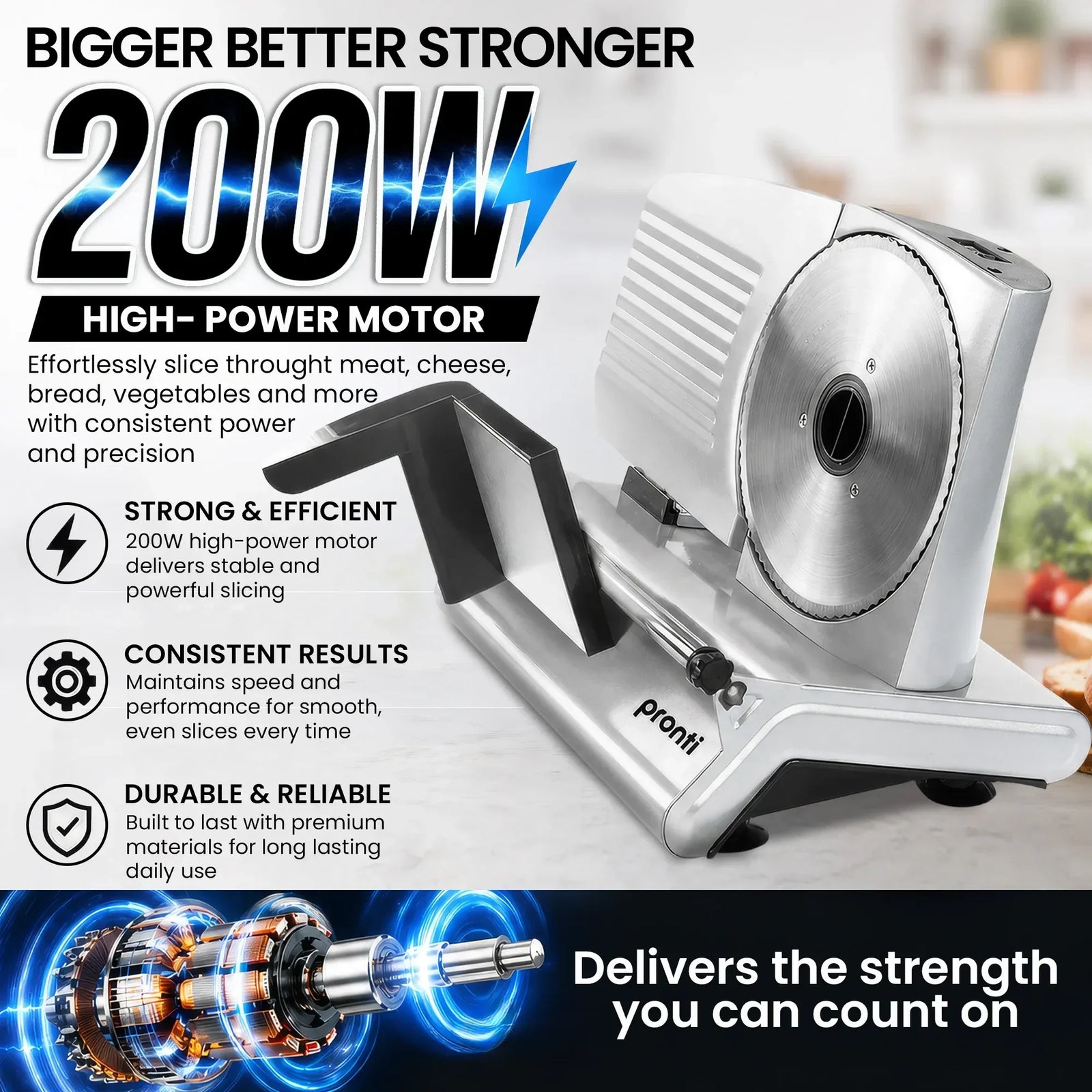 200W Electric Food Slicer Adjustable 1–15mm Stainless Steel Blades White