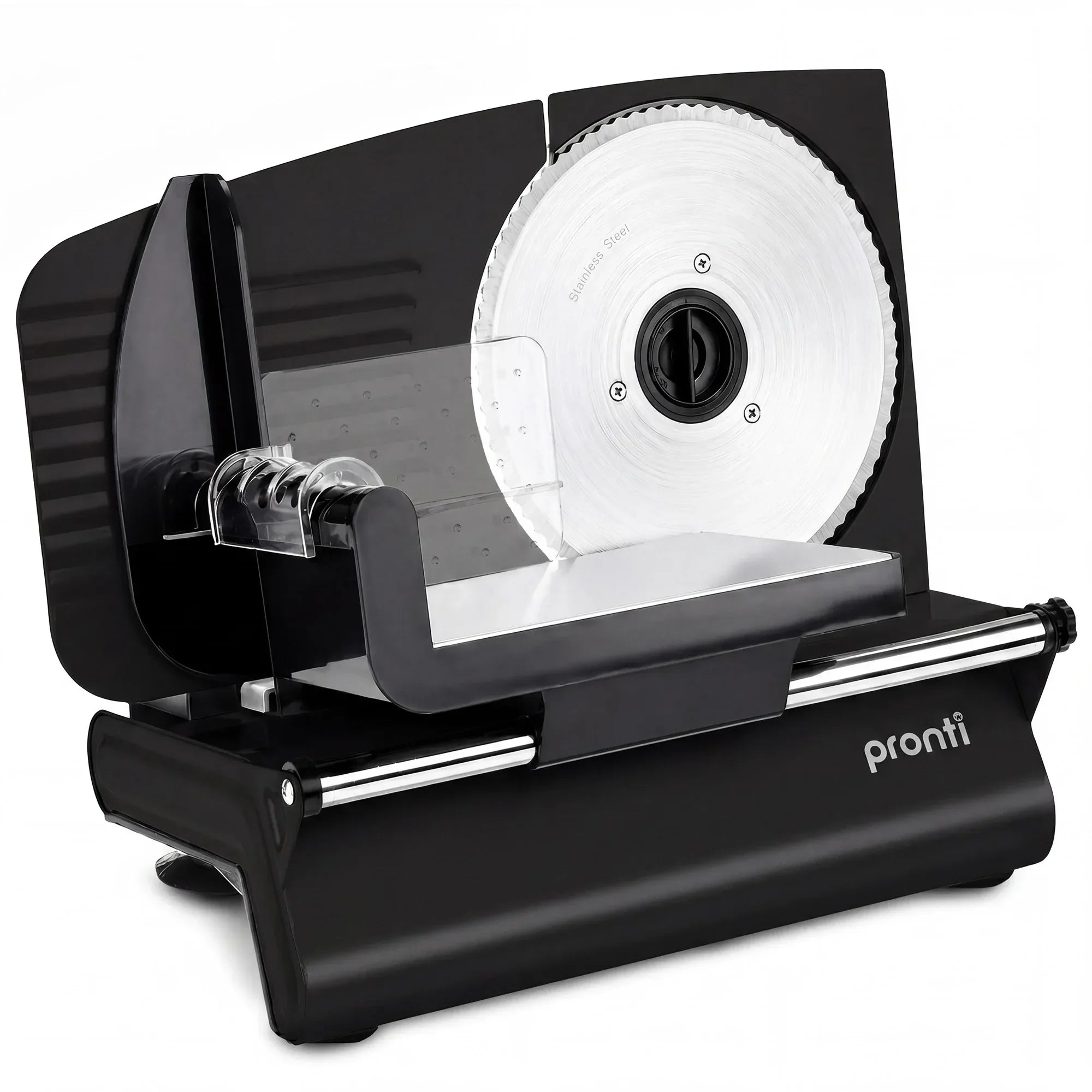 Pronti Black Electric Food Slicer 200W with Adjustable Thickness 1 to 15mm Serrated and Fine Edge Stainless Steel Blades