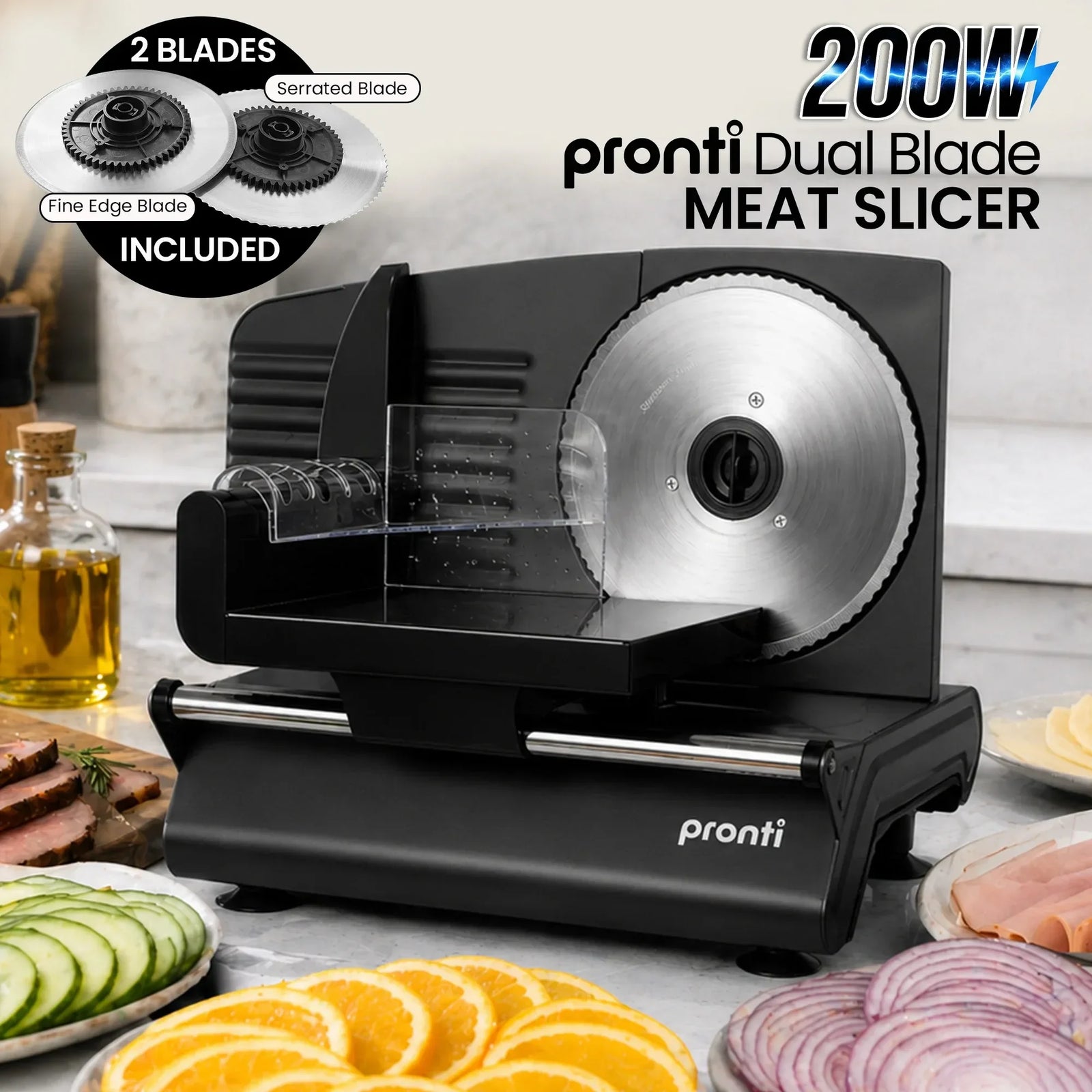 200W Electric Food Slicer Adjustable 1–15mm Stainless Steel Blades Black