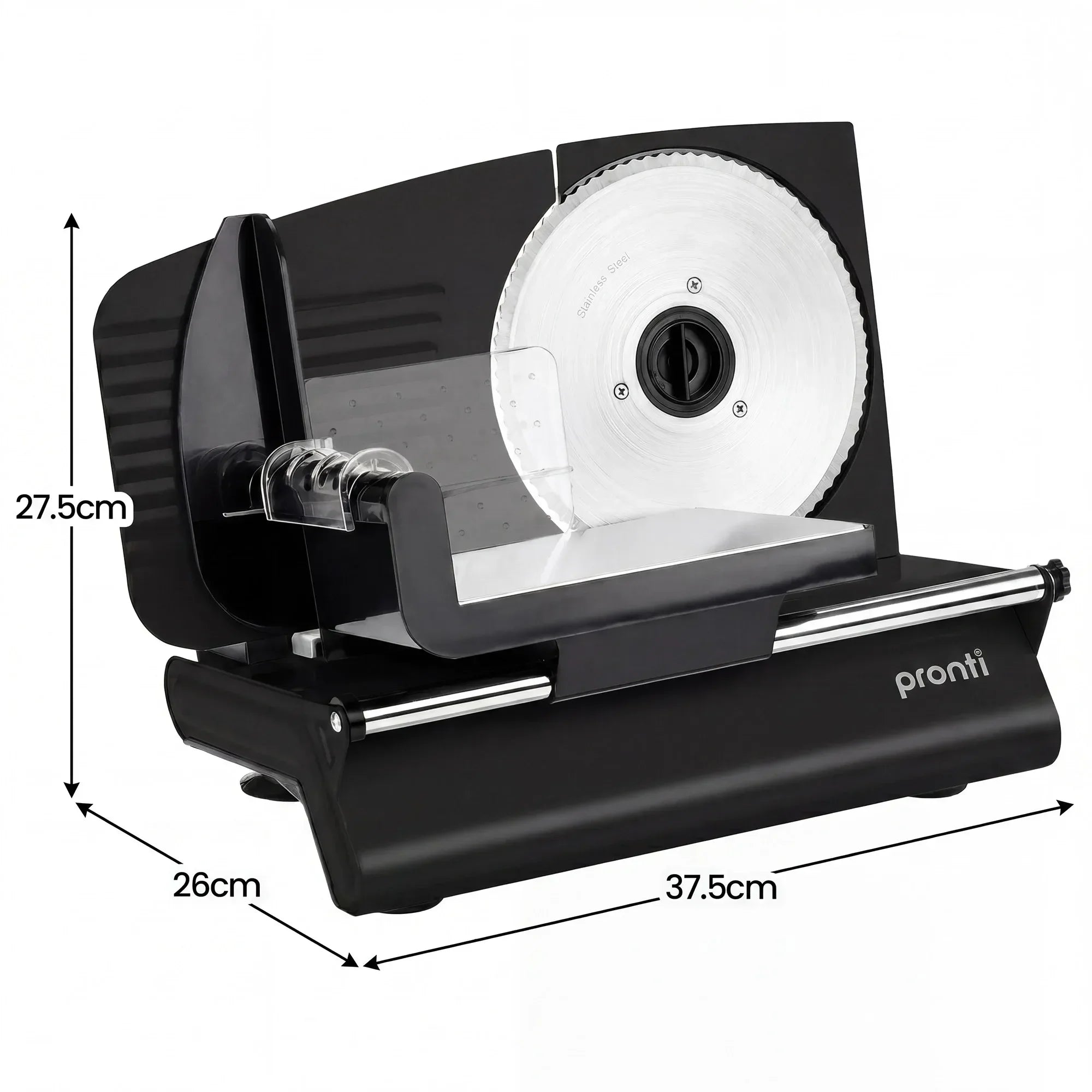 Pronti Black Electric Food Slicer 200W with Adjustable Thickness 1 to 15mm Serrated and Fine Edge Stainless Steel Blades