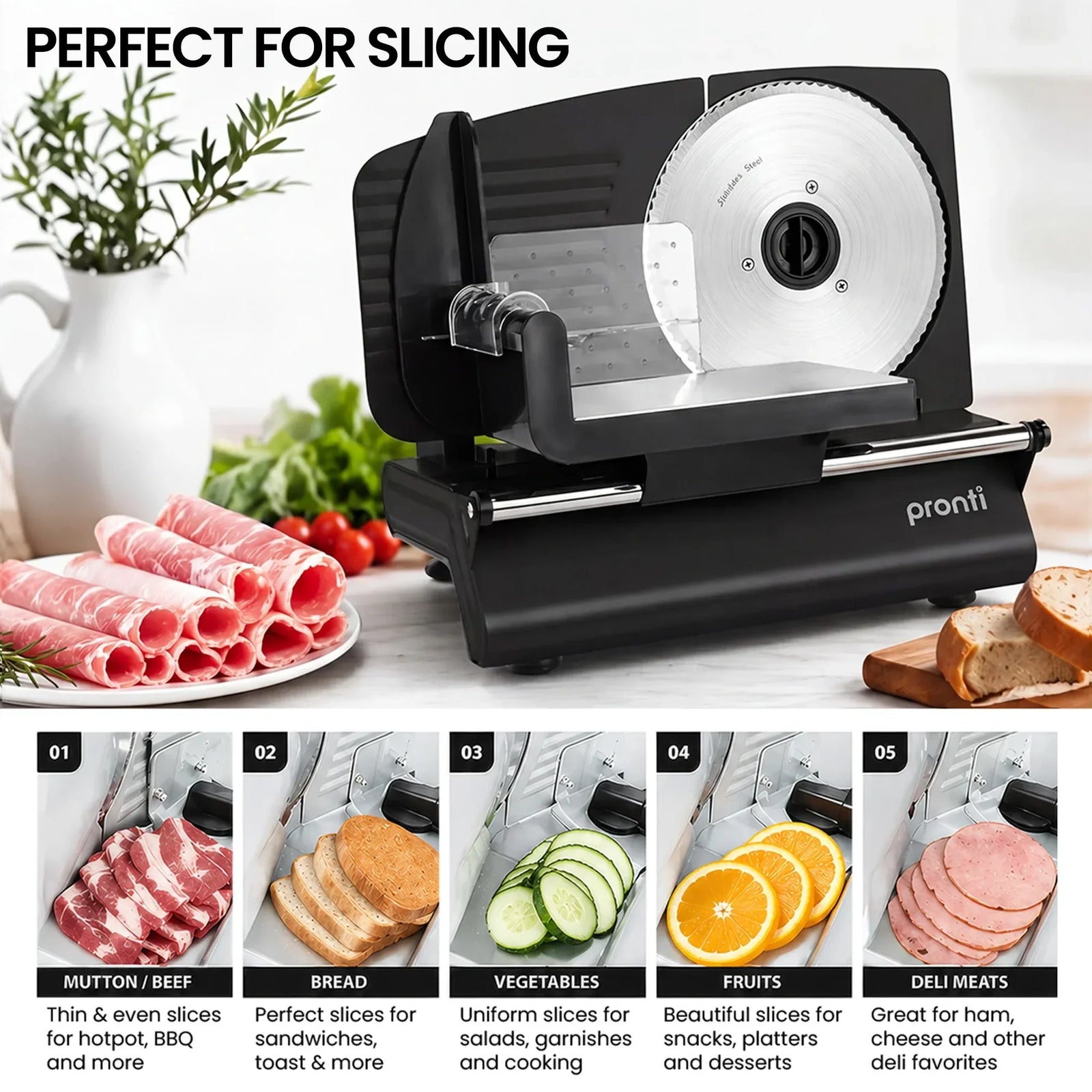 200W Electric Food Slicer Adjustable 1–15mm Stainless Steel Blades Black