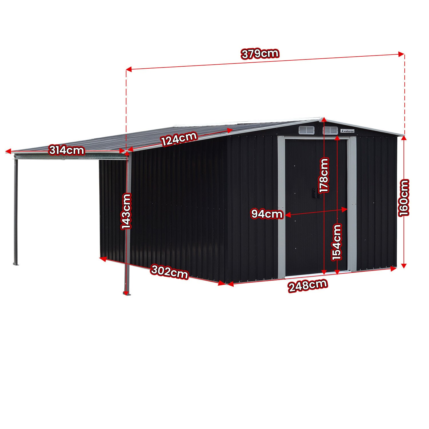 10x8ft Zinc Steel Garden Shed with Open Storage - Black
