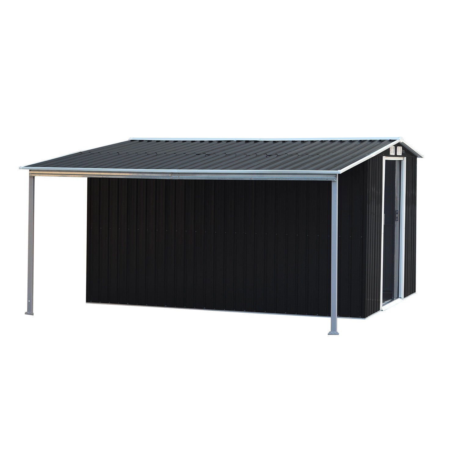 10x8ft Zinc Steel Garden Shed with Open Storage - Black