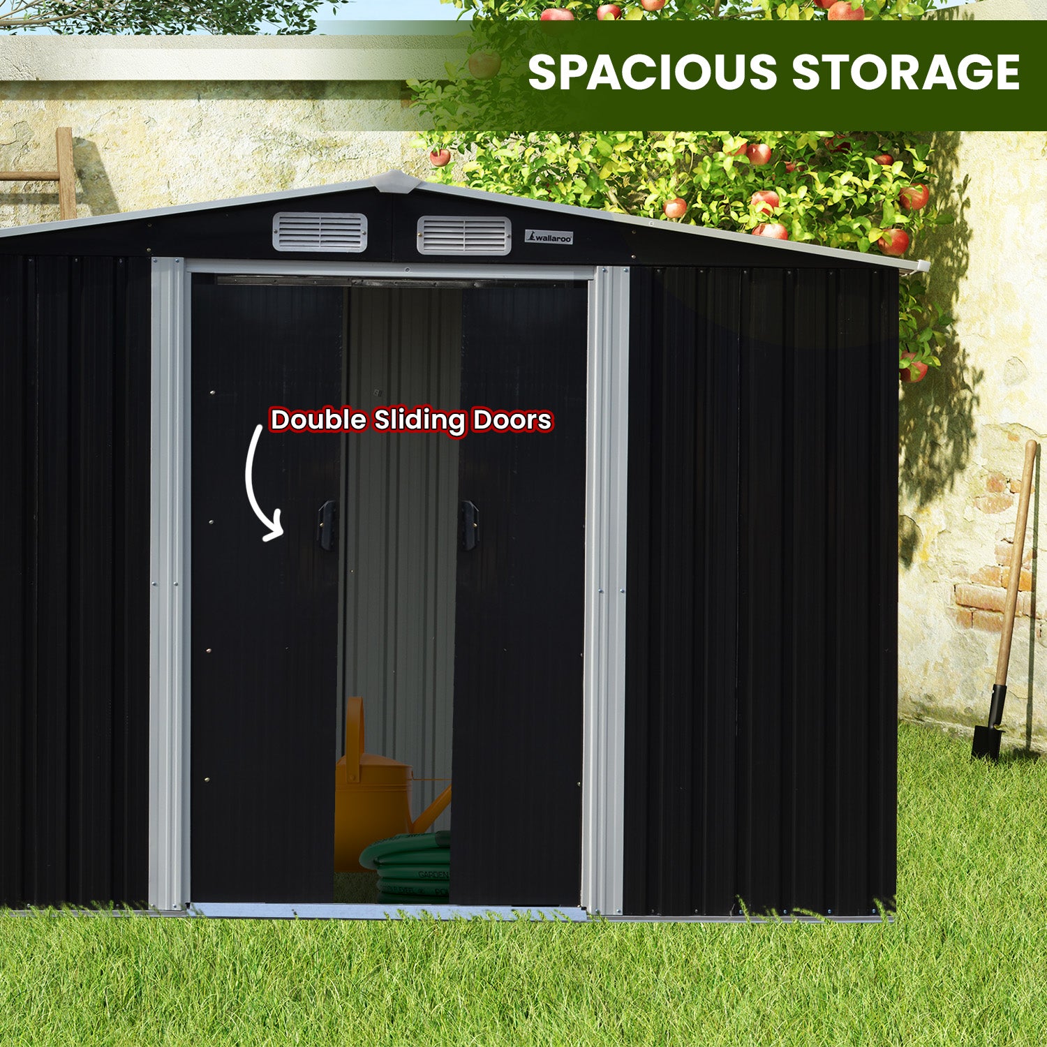 10x8ft Zinc Steel Garden Shed with Open Storage - Black