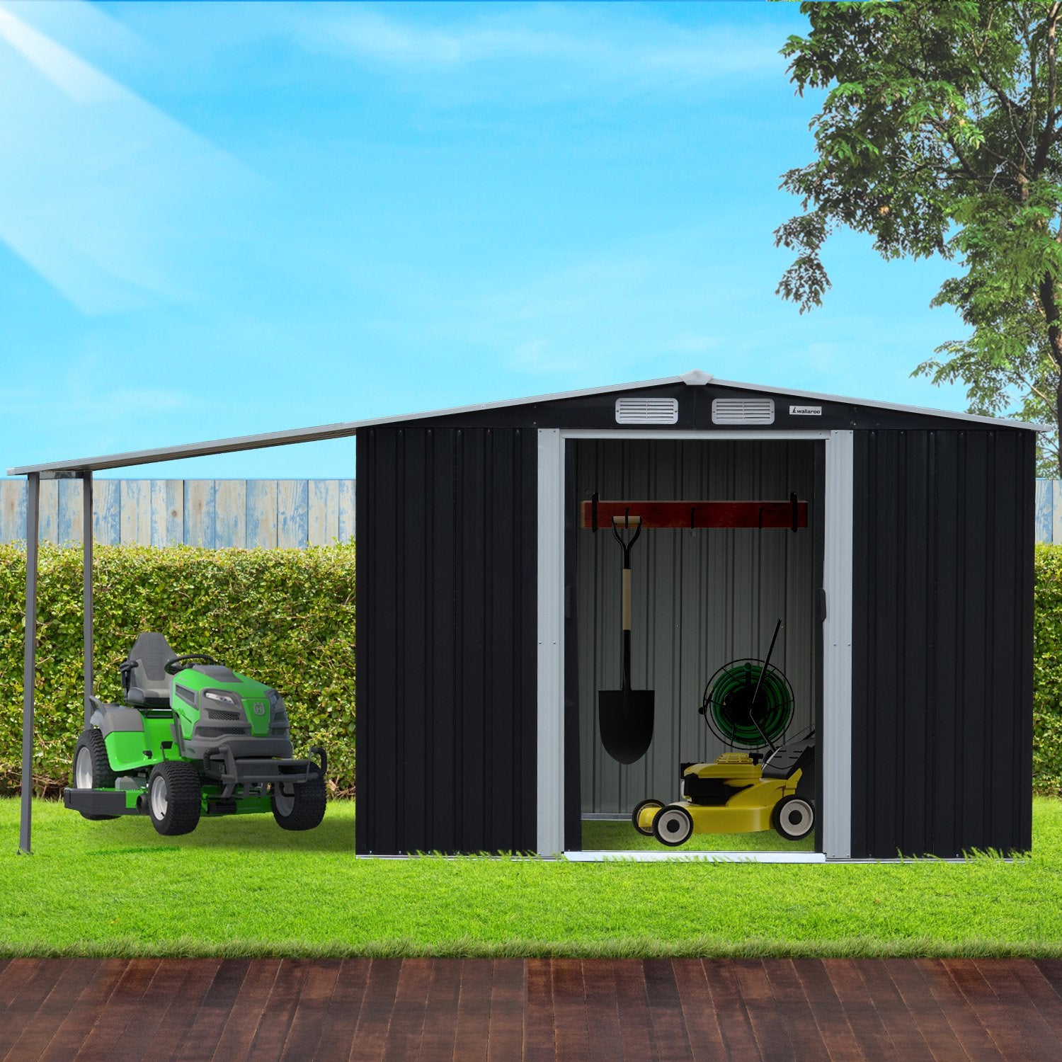 10x8ft Zinc Steel Garden Shed with Open Storage - Black