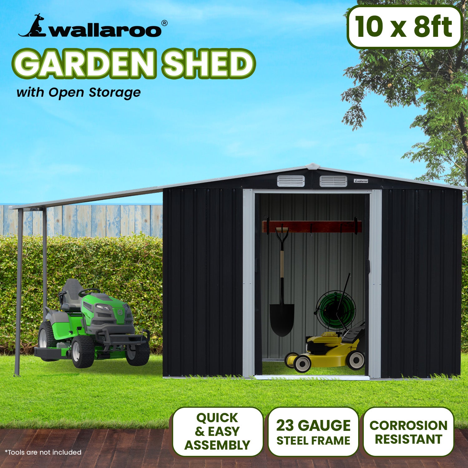 10x8ft Zinc Steel Garden Shed with Open Storage - Black
