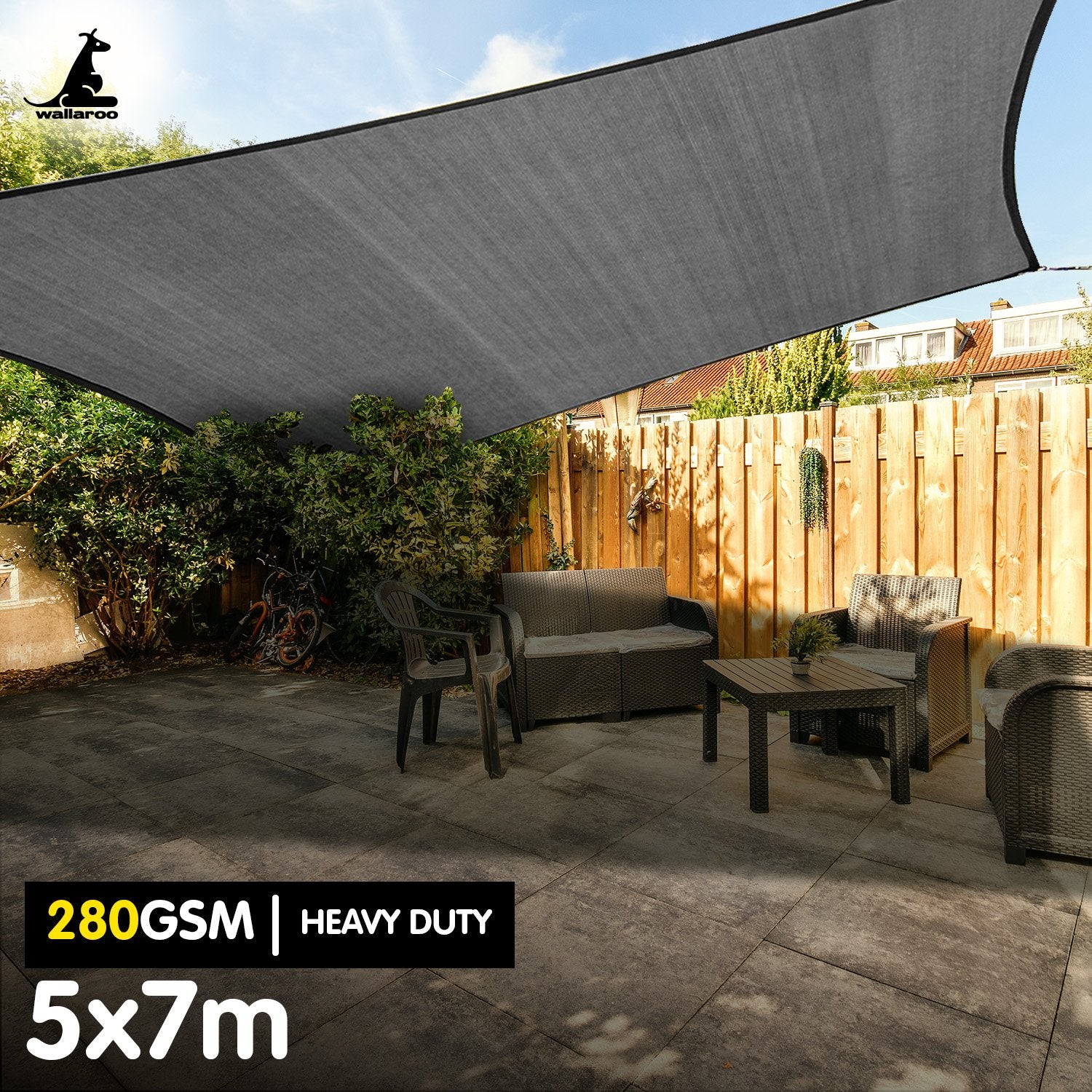 280gsm Outdoor Sun Shade Sail Canopy Grey - 5m X 7m