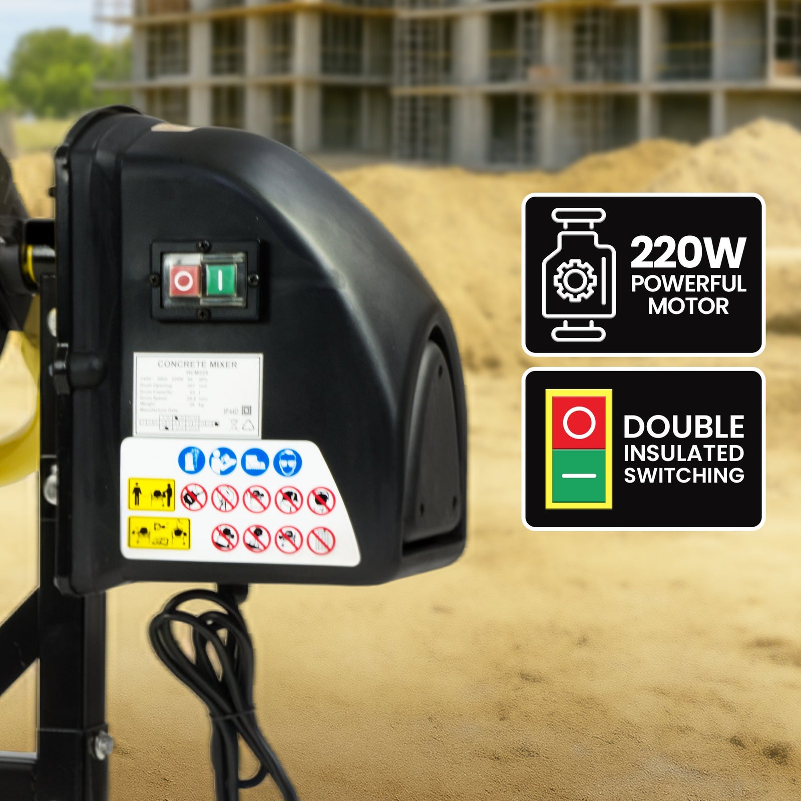 Portable 63L Cement Concrete Mixer Dual Mix Blades & Tipper Lock 220W