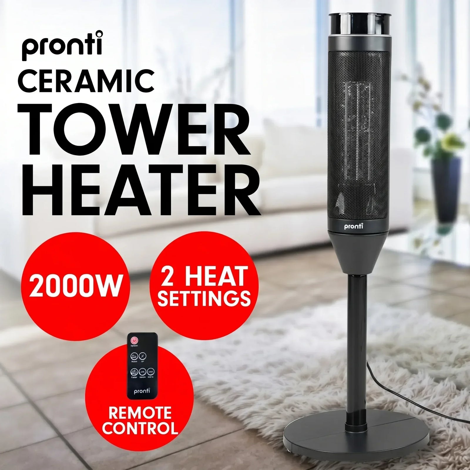 Ceramic Tower Heater – 2000W, Remote, Oscillating, Thermostat & Timer, 86cm