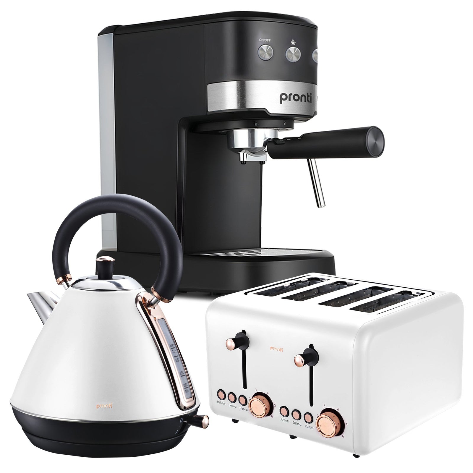 Breakfast Set with Rose Gold Kettle & Toaster with 1.2L Espresso Machine - White