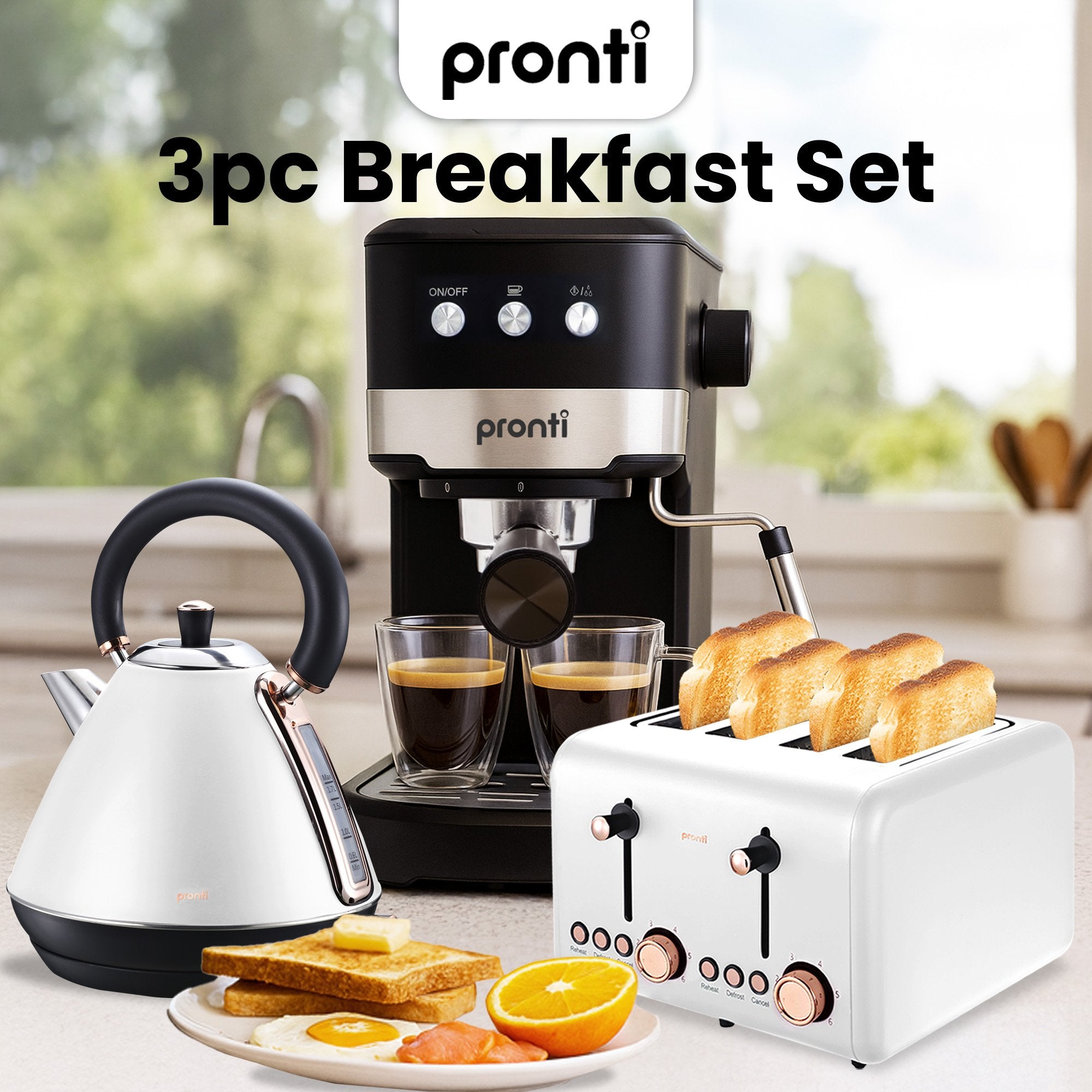 Breakfast Set with Rose Gold Kettle & Toaster with 1.2L Espresso Machine - White