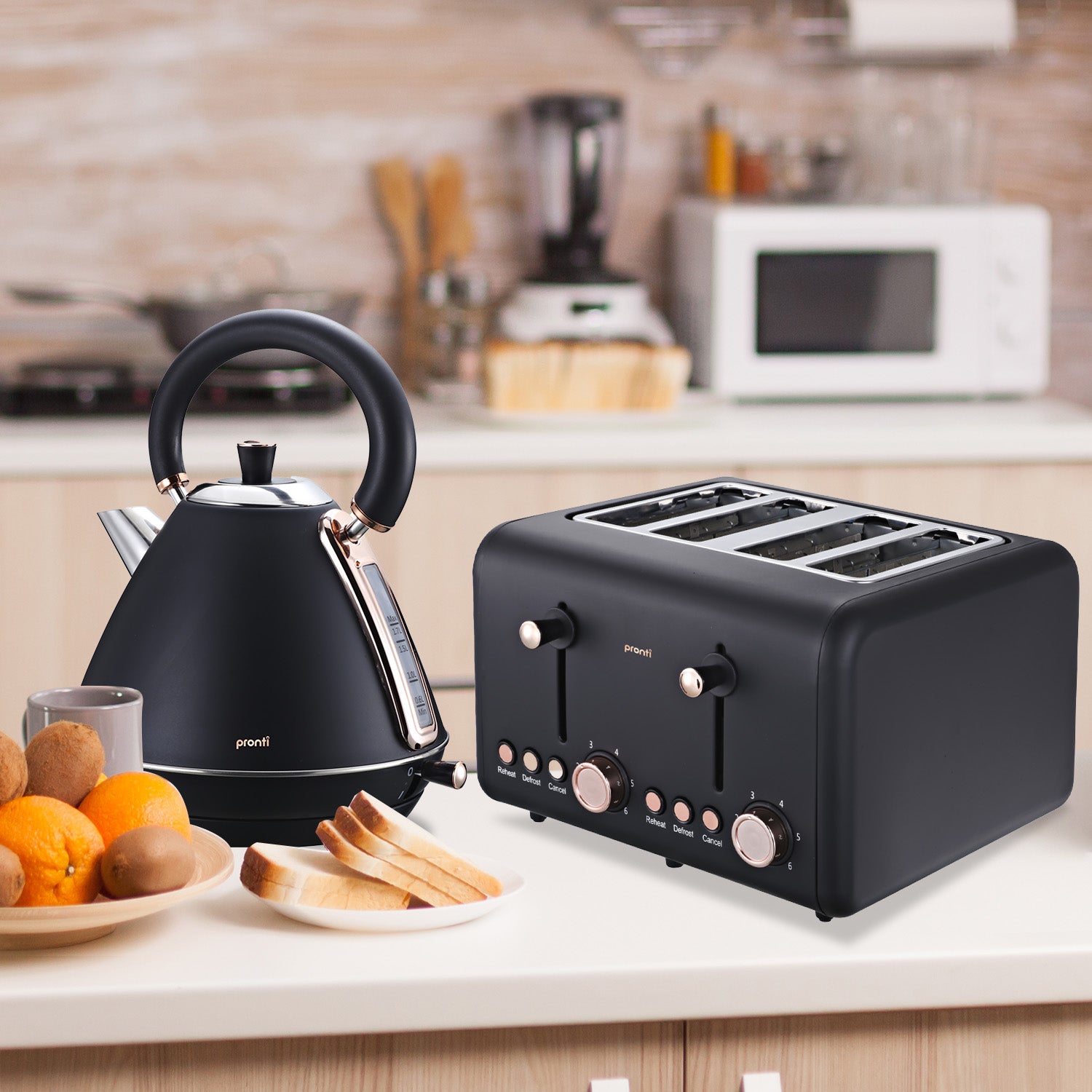 Pronti Rose Trim Collection Toaster & Kettle Bundle - Black