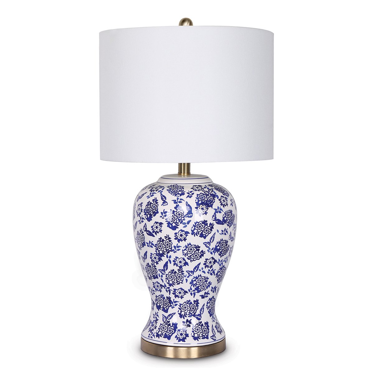 Sarantino Hand-Painted Floral Ceramic Table Lamp with Cotton Drum Shade Bedside Light for Bedroom Living Room