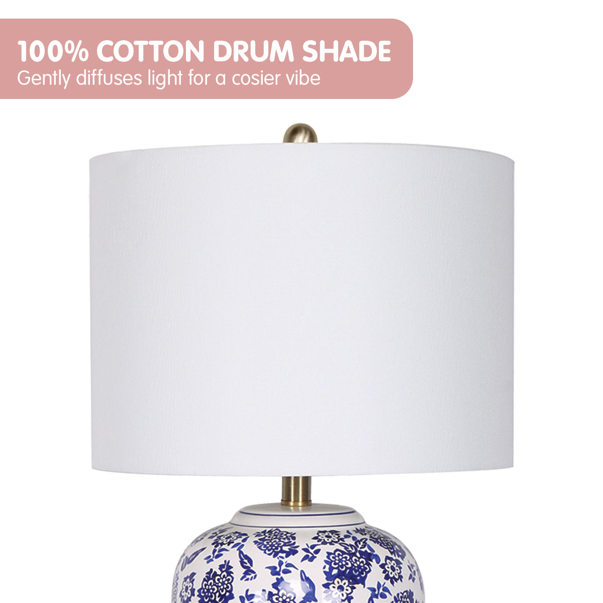 Sarantino Hand-Painted Floral Ceramic Table Lamp with Cotton Drum Shade Bedside Light for Bedroom Living Room