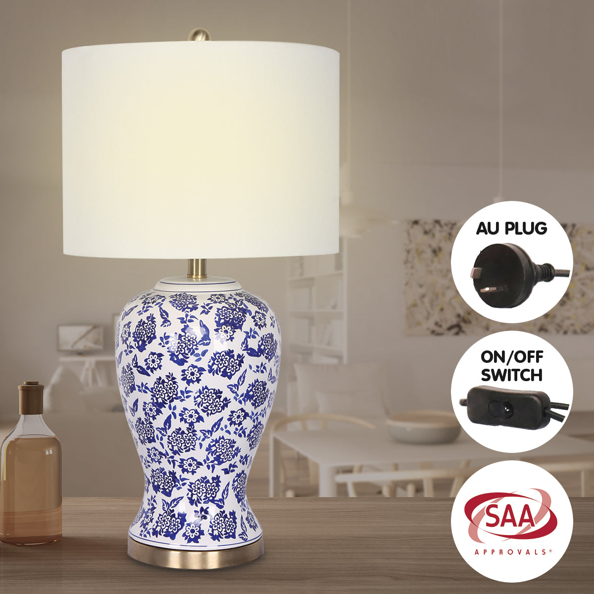 Sarantino Hand-Painted Floral Ceramic Table Lamp with Cotton Drum Shade Bedside Light for Bedroom Living Room