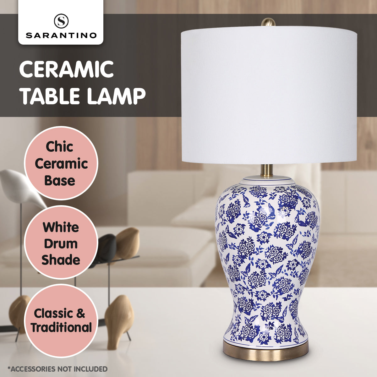Sarantino Hand-Painted Floral Ceramic Table Lamp with Cotton Drum Shade Bedside Light for Bedroom Living Room