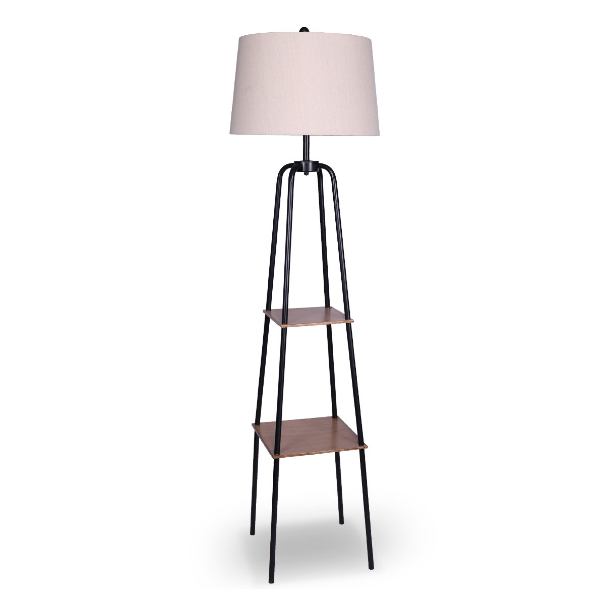 Industrial Etagere Floor Lamp with Wood-Effect Metal Shelves, Cream Linen