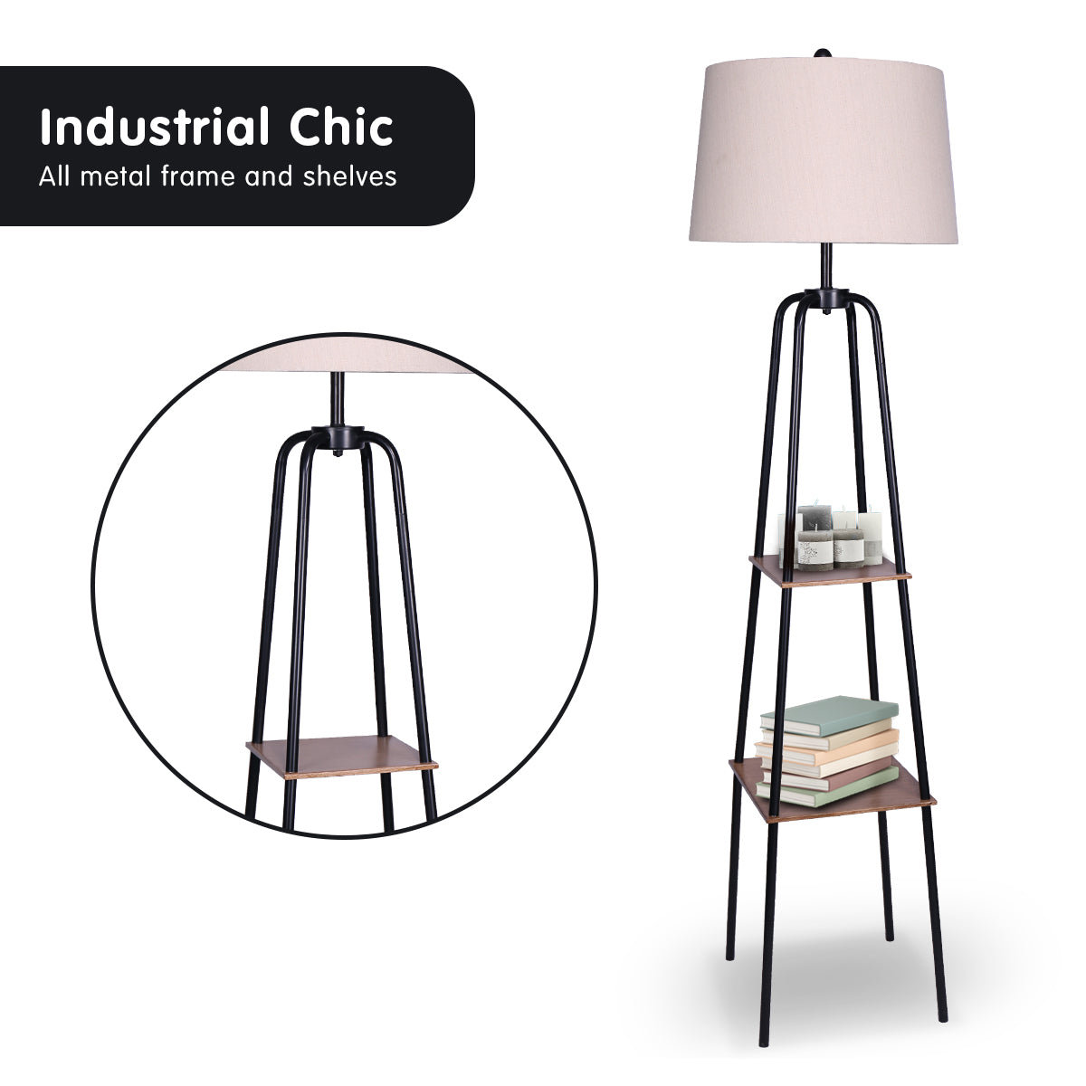Industrial Etagere Floor Lamp with Wood-Effect Metal Shelves, Cream Linen
