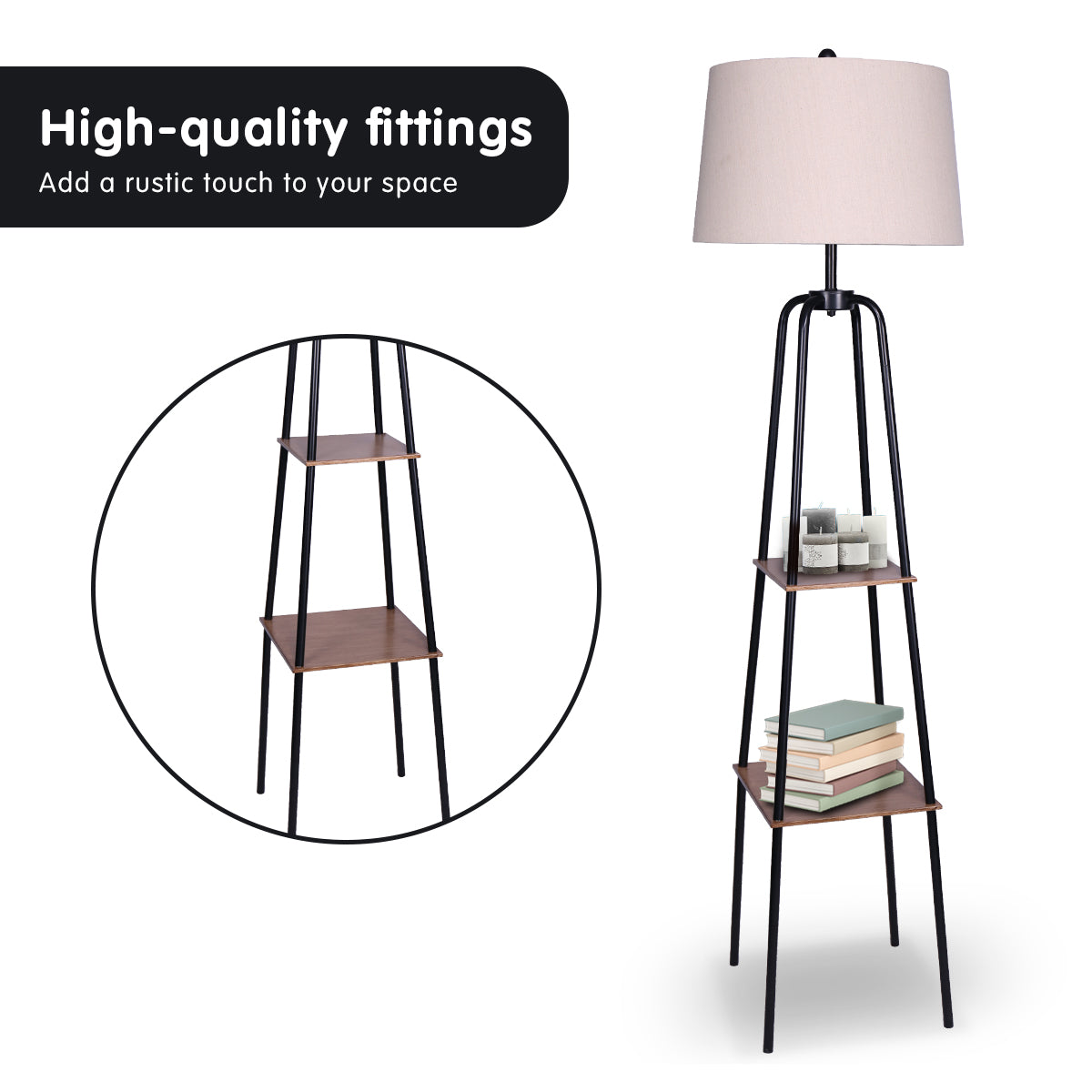 Industrial Etagere Floor Lamp with Wood-Effect Metal Shelves, Cream Linen