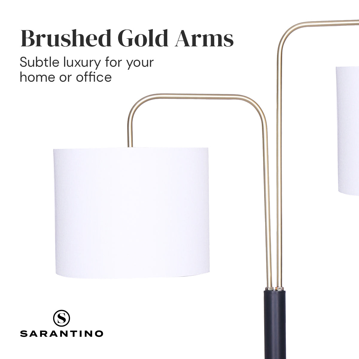 Sarantino Modern Black & Gold Task Floor Lamp with Adjustable White Linen Shade Standing Light for Living Room