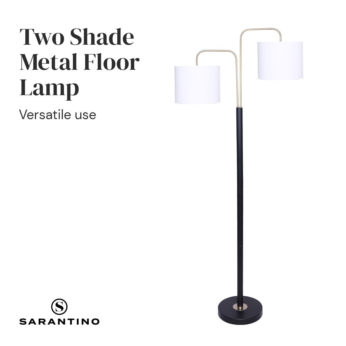Sarantino Modern Black & Gold Task Floor Lamp with Adjustable White Linen Shade Standing Light for Living Room