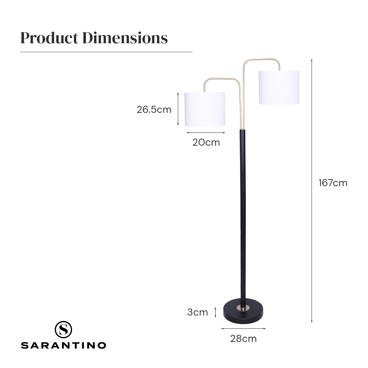 Sarantino Modern Black & Gold Task Floor Lamp with Adjustable White Linen Shade Standing Light for Living Room
