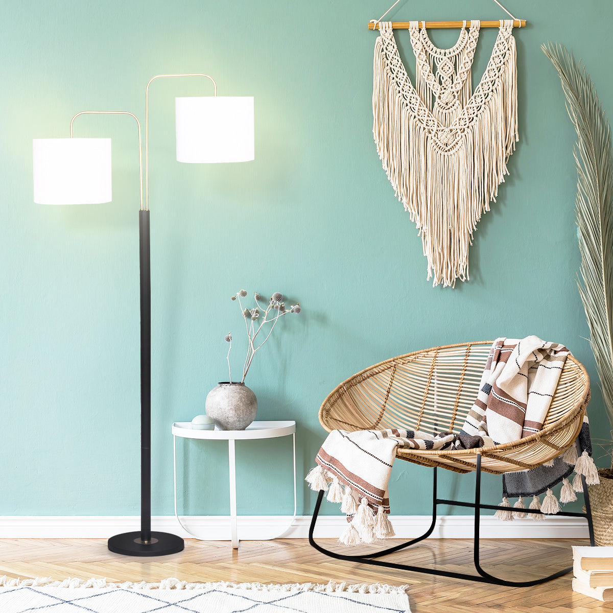 Sarantino Modern Black & Gold Task Floor Lamp with Adjustable White Linen Shade Standing Light for Living Room