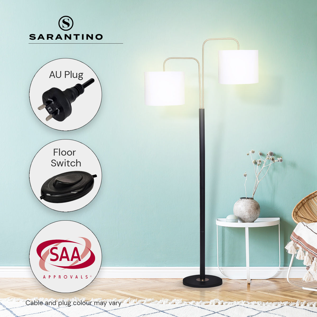 Sarantino Modern Black & Gold Task Floor Lamp with Adjustable White Linen Shade Standing Light for Living Room
