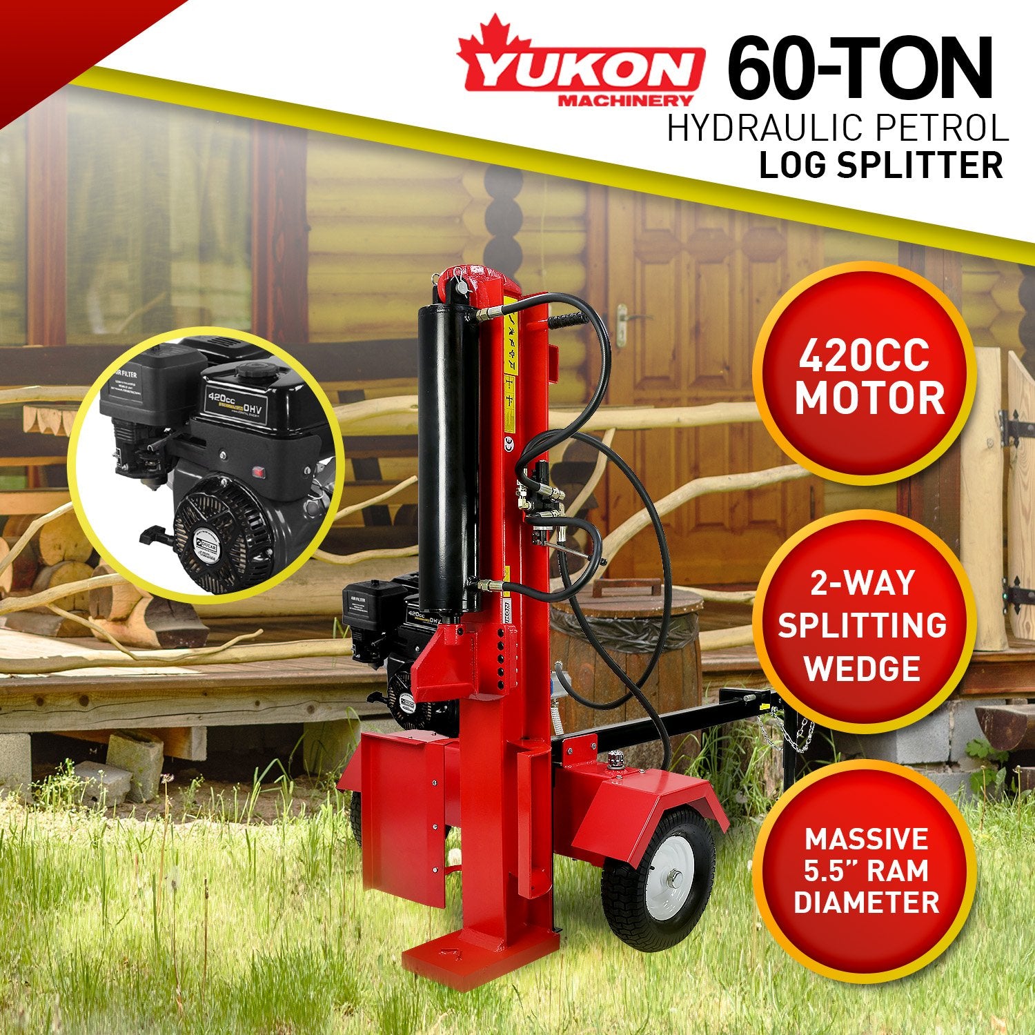 60 Ton 420cc Hydraulic Log Splitter Petrol Engine Wood Firewood Cutter