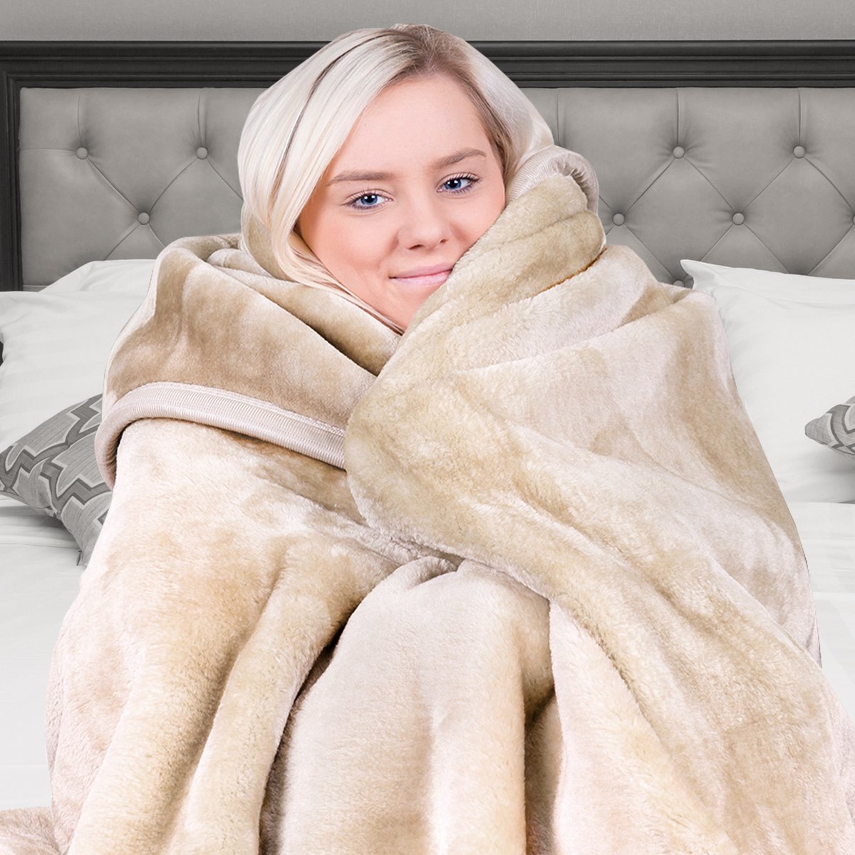 Mink Blanket Double Sided 600GSM Queen Size Beige
