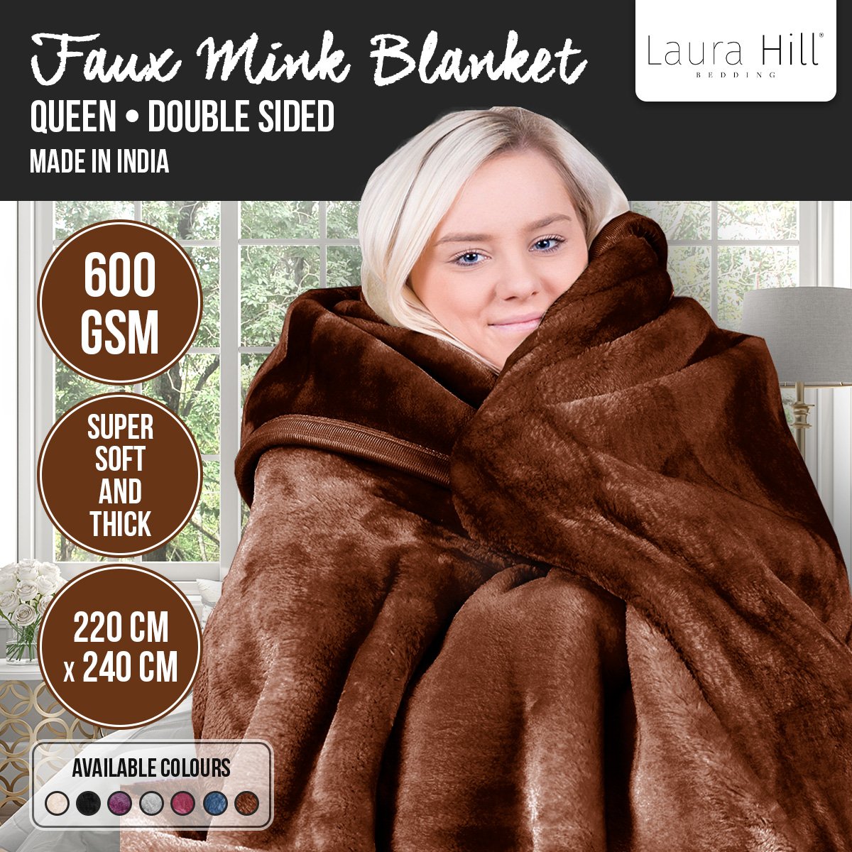 Laura Hill Mink Blanket Double Sided Queen Size Soft Plush Bed Faux Throw Rug 220 X 240cm