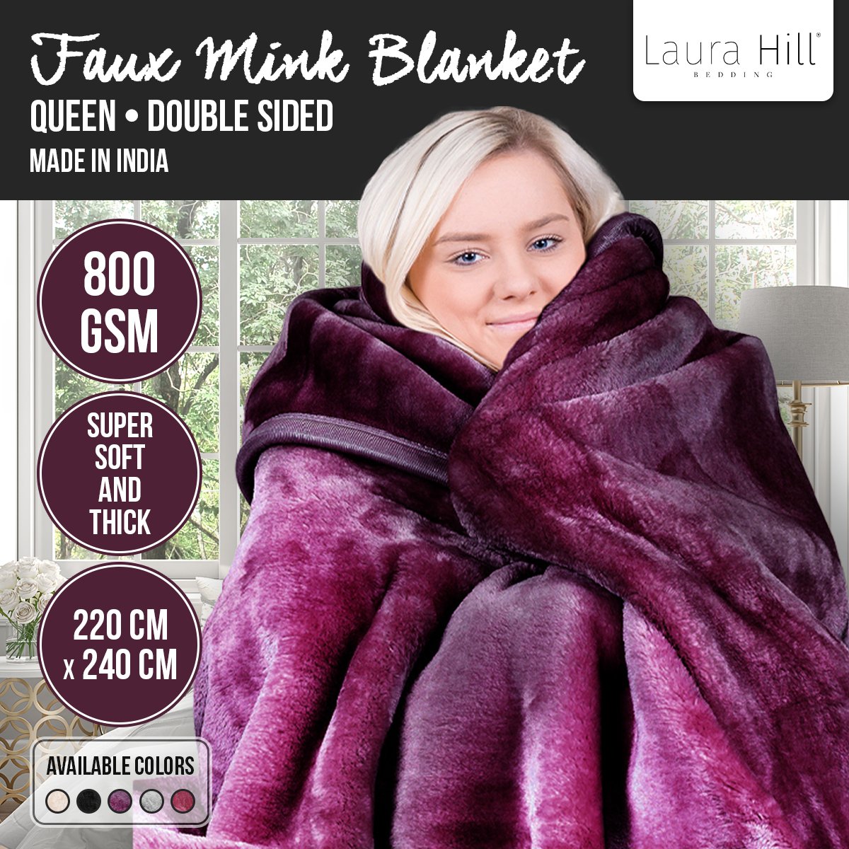 Double-sided Large 220 X 240cm Faux Mink Throw Rug Blanket 800-gsm Heavy - Purple