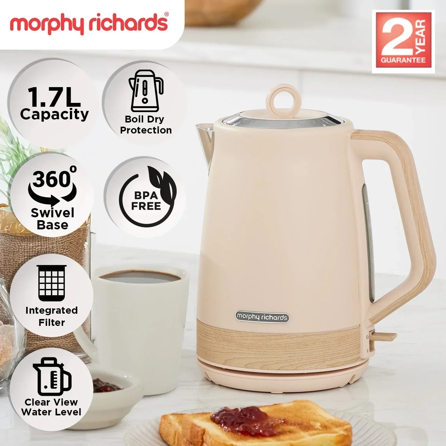 1.7L Electric Kettle Essence Scandi Swivel Base Boil-Dry Protection