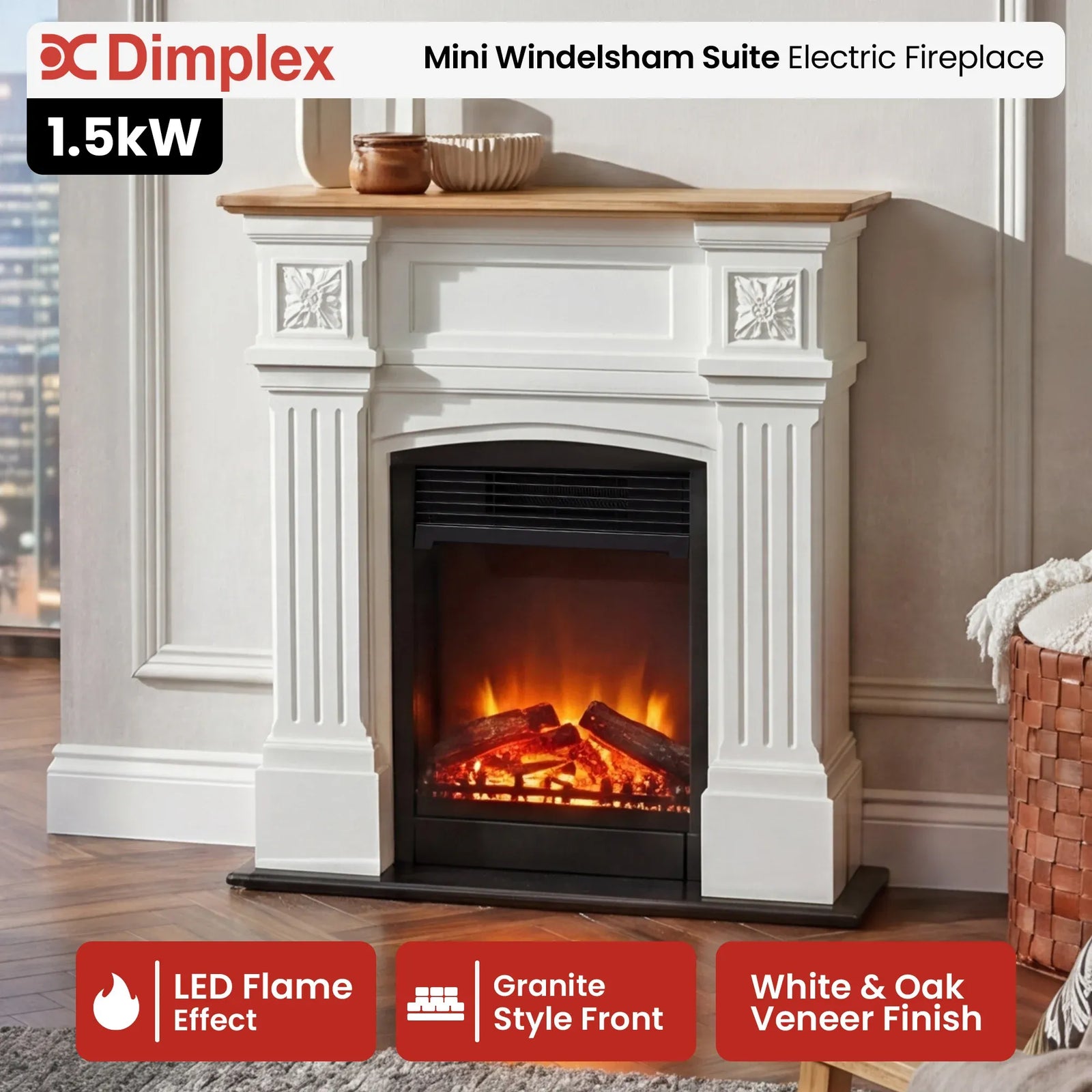 1.5kW Mini Windelsham Suite Electric Fireplace with LED Flame Effect