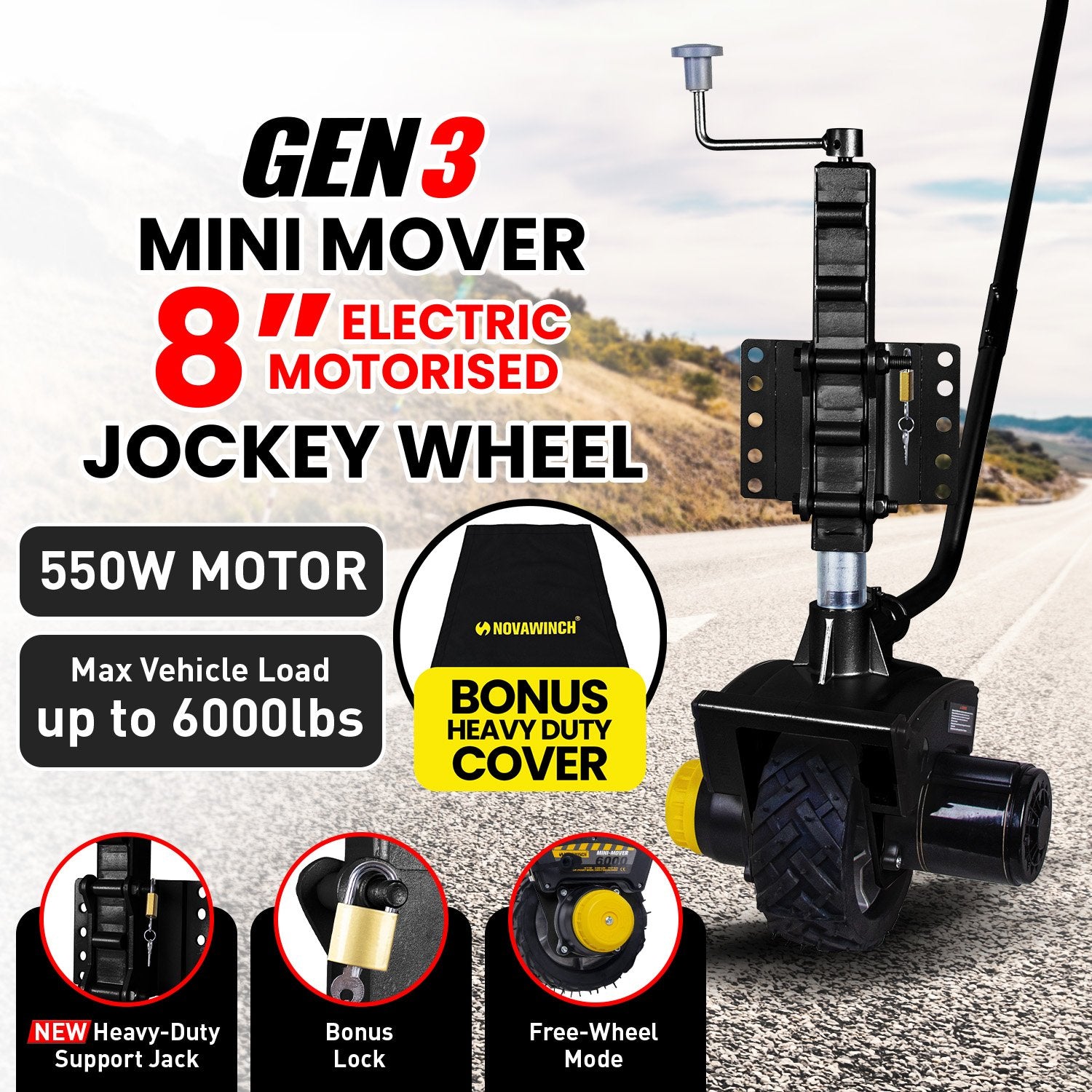 Gen3 12V 550W Electric Motorised Jockey Wheel - Black