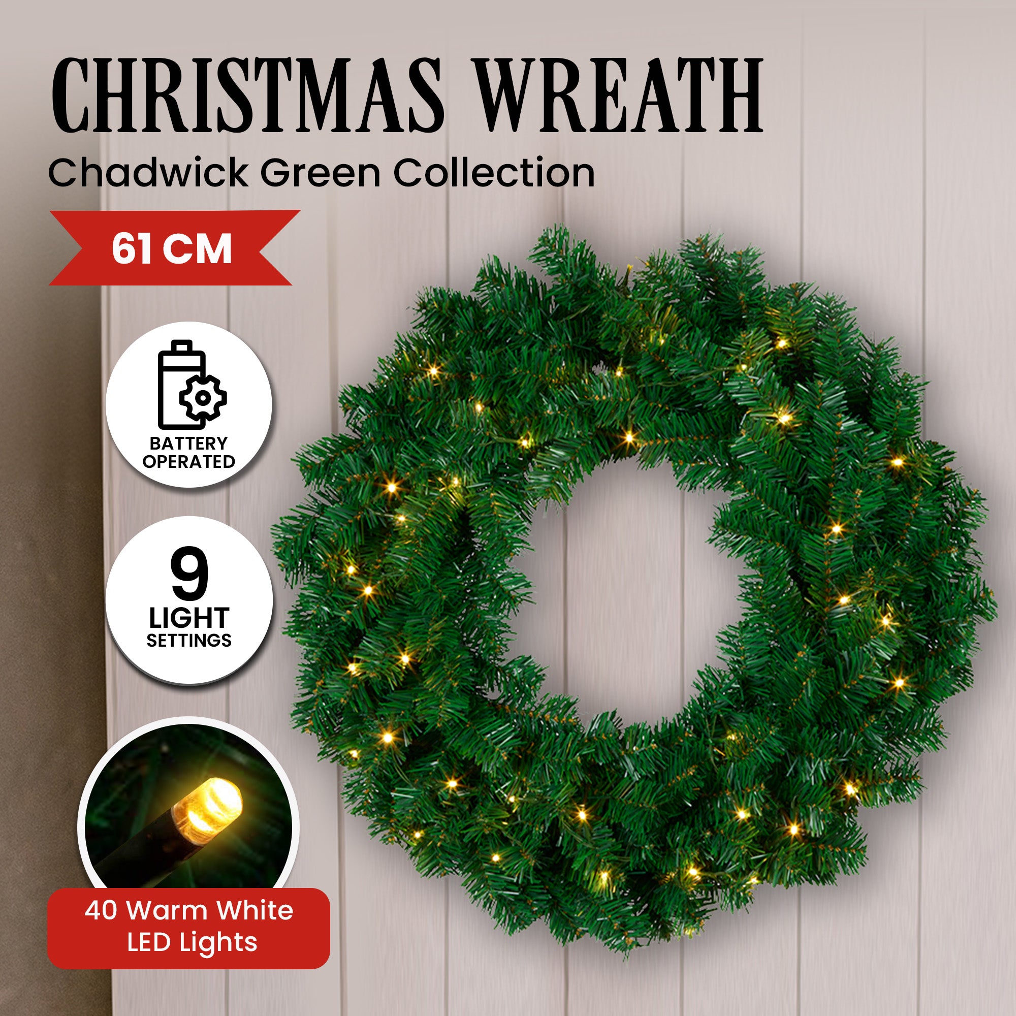 Christabelle 61cm Chadwick Christmas Wreath with LED Lights Front Door Decoration Ornament