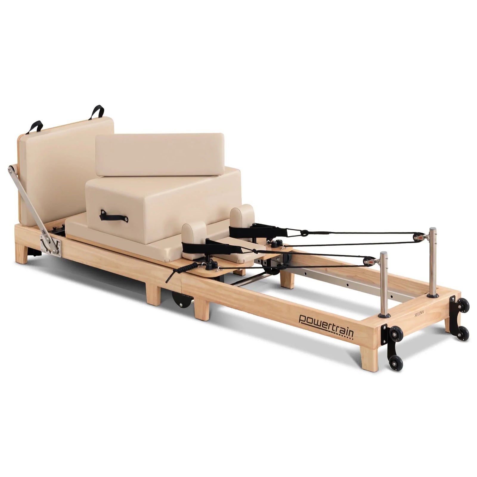 Selina Pilates Reformer Machine Wooden Folding Multifunctional Home Gym Equipment with Jumpboard & Sitting Box Oak Beige